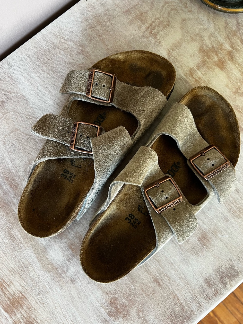 Size 38 Birkenstock Arizona Suede Double Strap Sandals in Taupe | Regular Fit